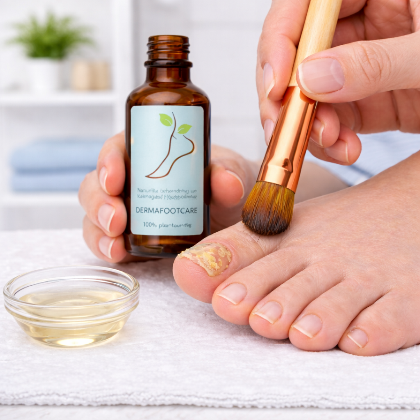 Professionele voetschimmel behandeling DermaFootCare in badkamer setting



